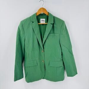 Zara Women’s Green Linen Blend Blazer Size Small Oversized Workwear Layering